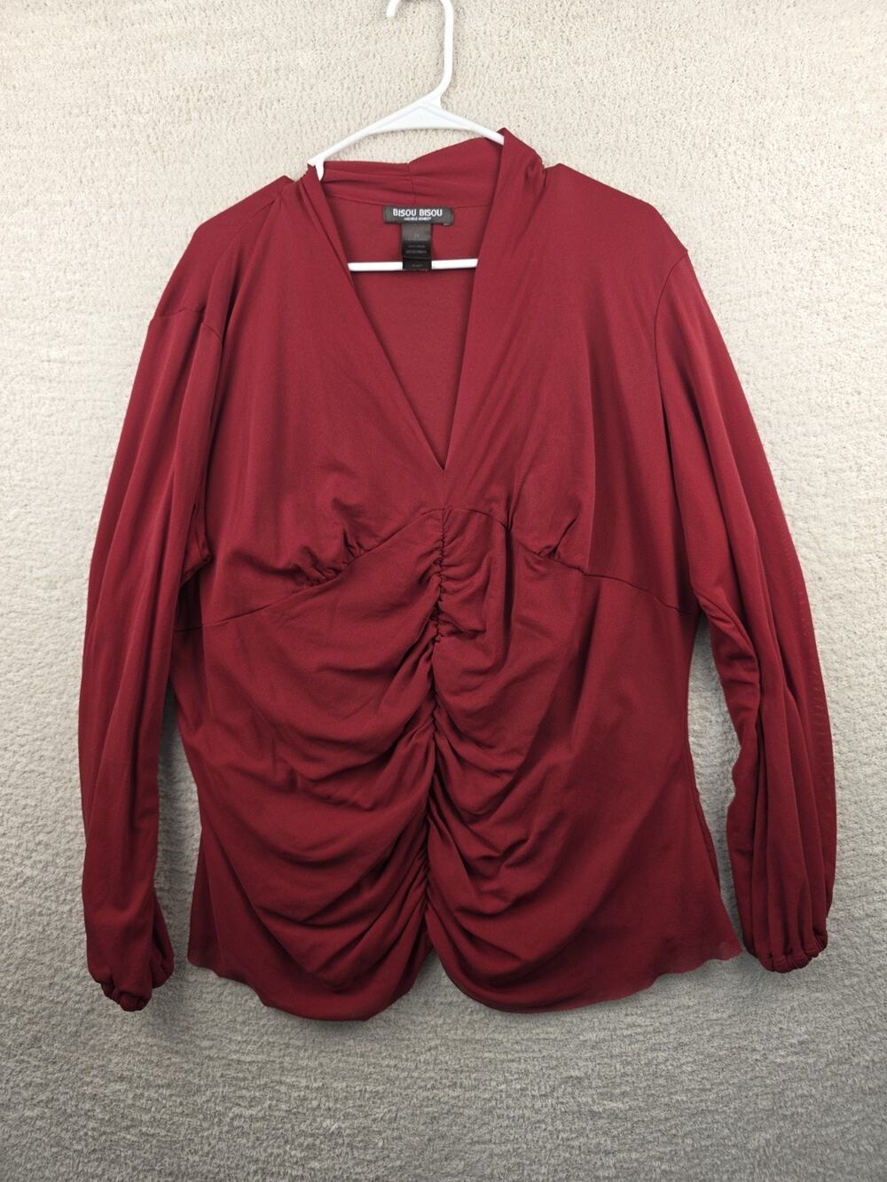 Bisou Bisou Michele Bohot Women's Burgundy Long Sleeve Ruched V-Necl Top Size 3X